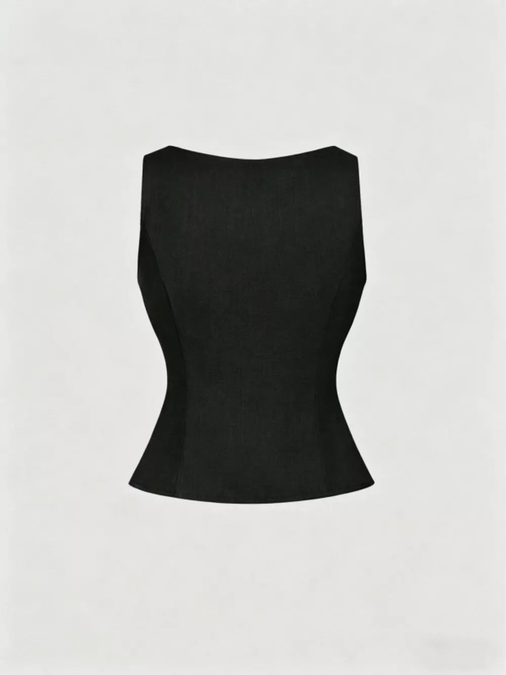 Black tailored vest with a scalloped hem and darted waist.