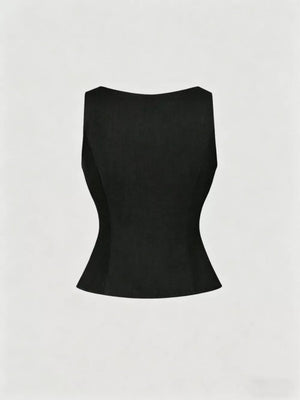 Black tailored vest with a scalloped hem and darted waist.