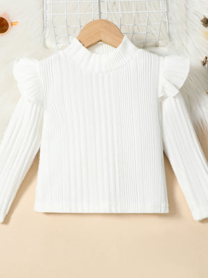 White ribbed knit baby top with ruffled sleeves and mock neck