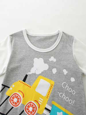 Toddler cotton set with grey body, white sleeves, and yellow train print with "Choo-choo!" text.