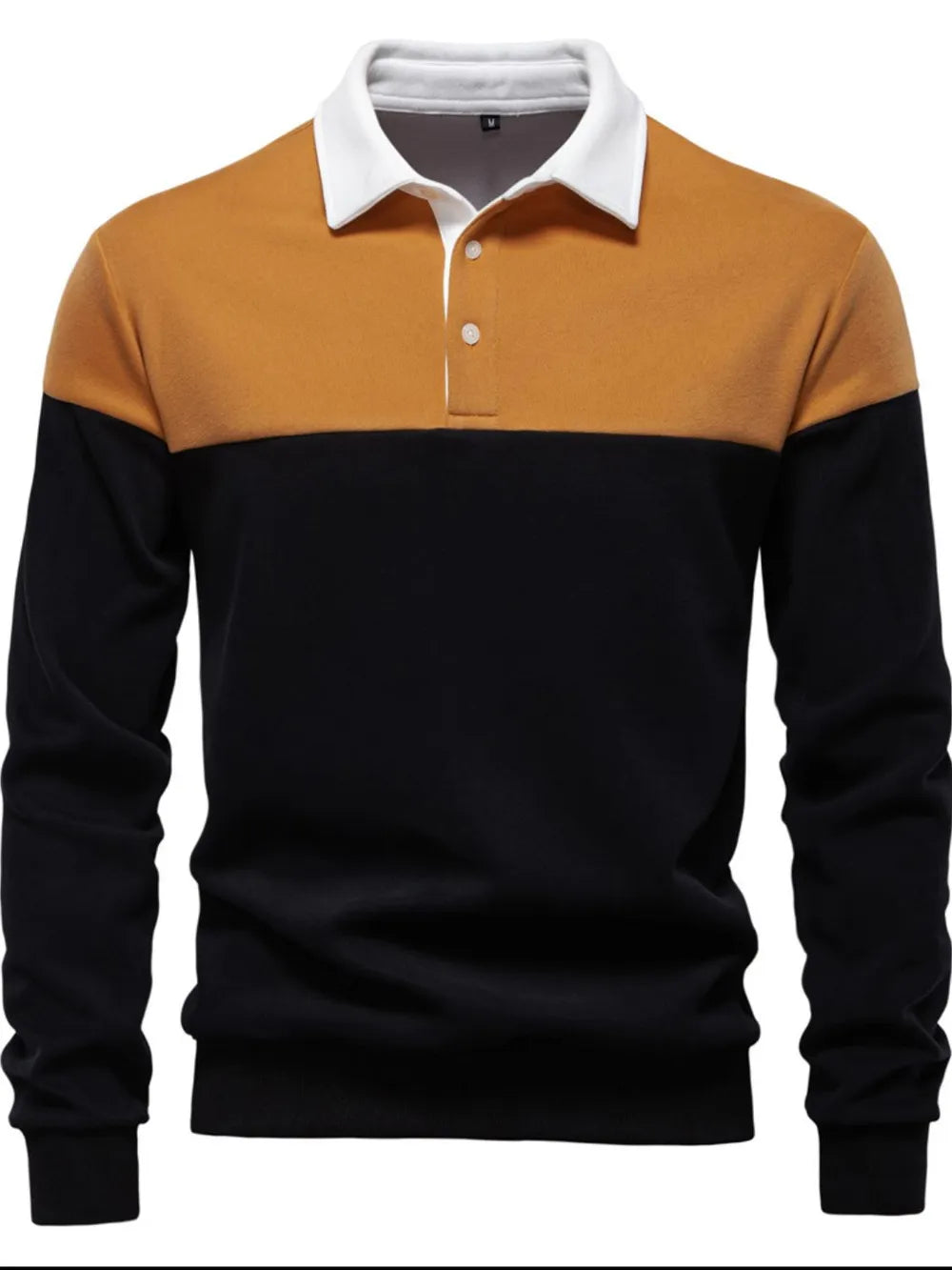 Colorblock rugby shirt with white collar and mustard and black panels.