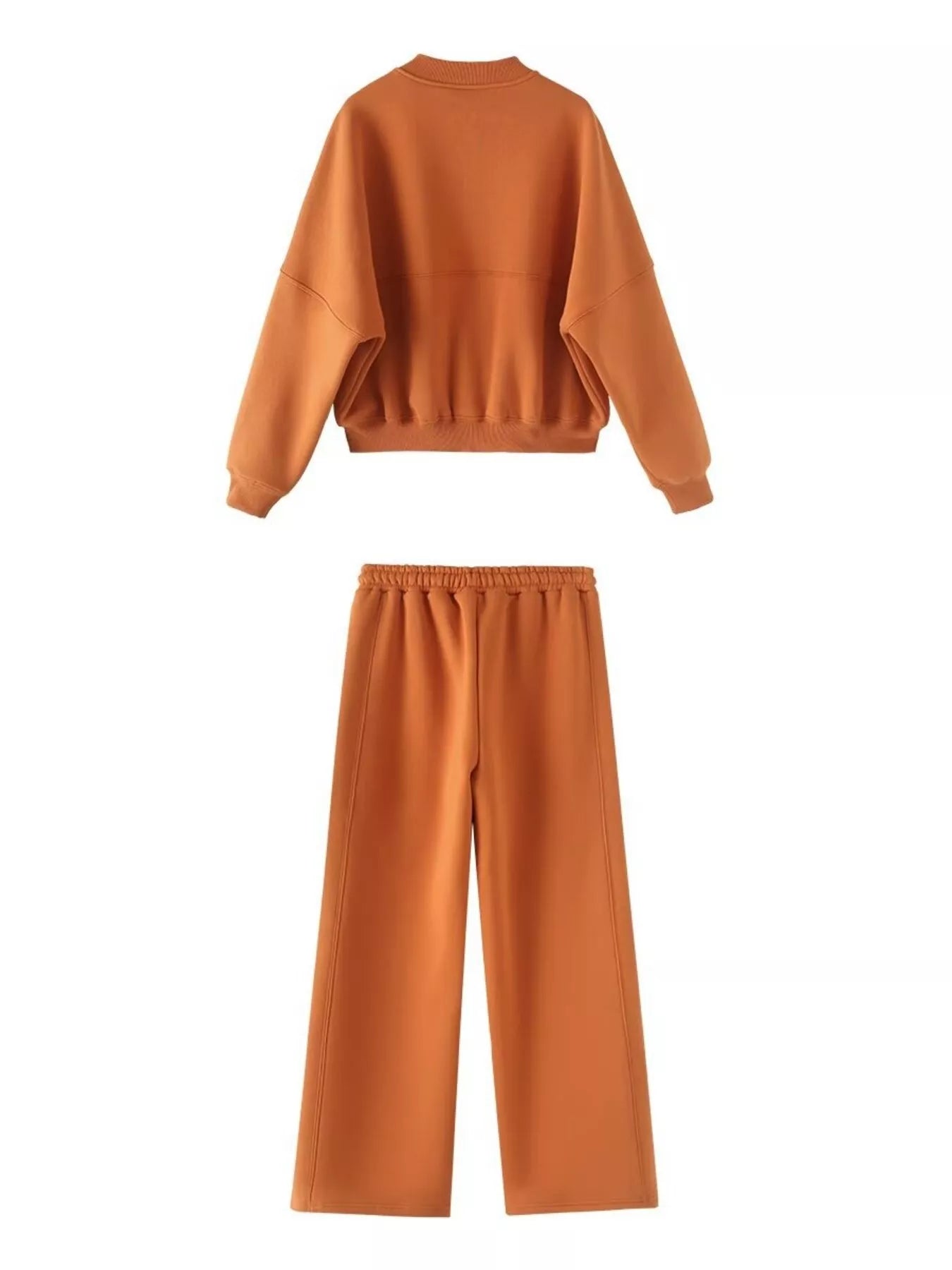 Orange casual zip-up top and wide-leg pants set