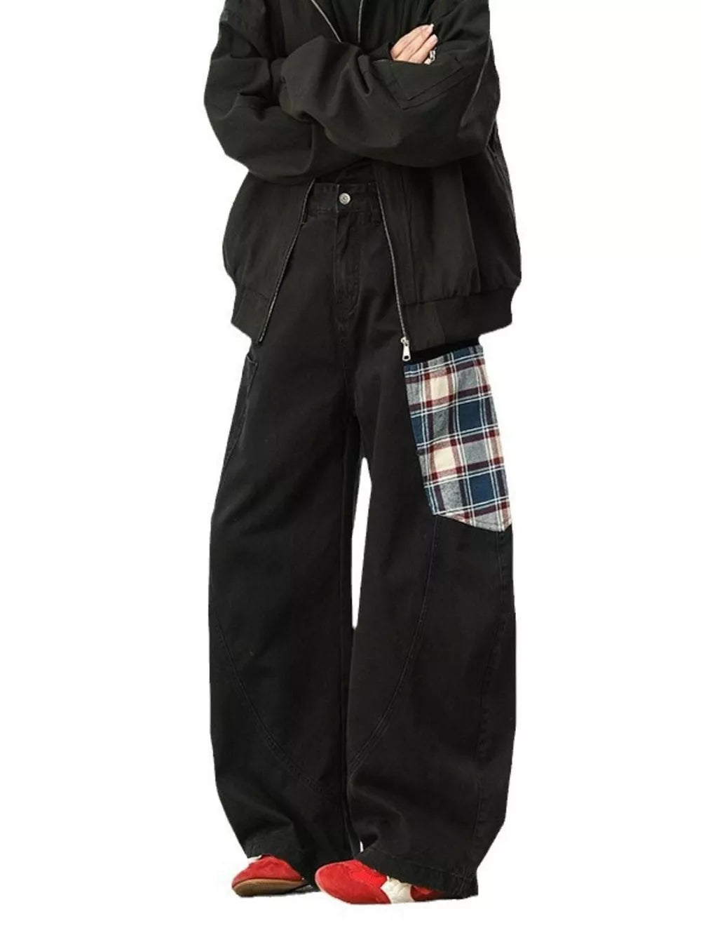 Black wide-leg sweatpants with plaid patchwork detail
