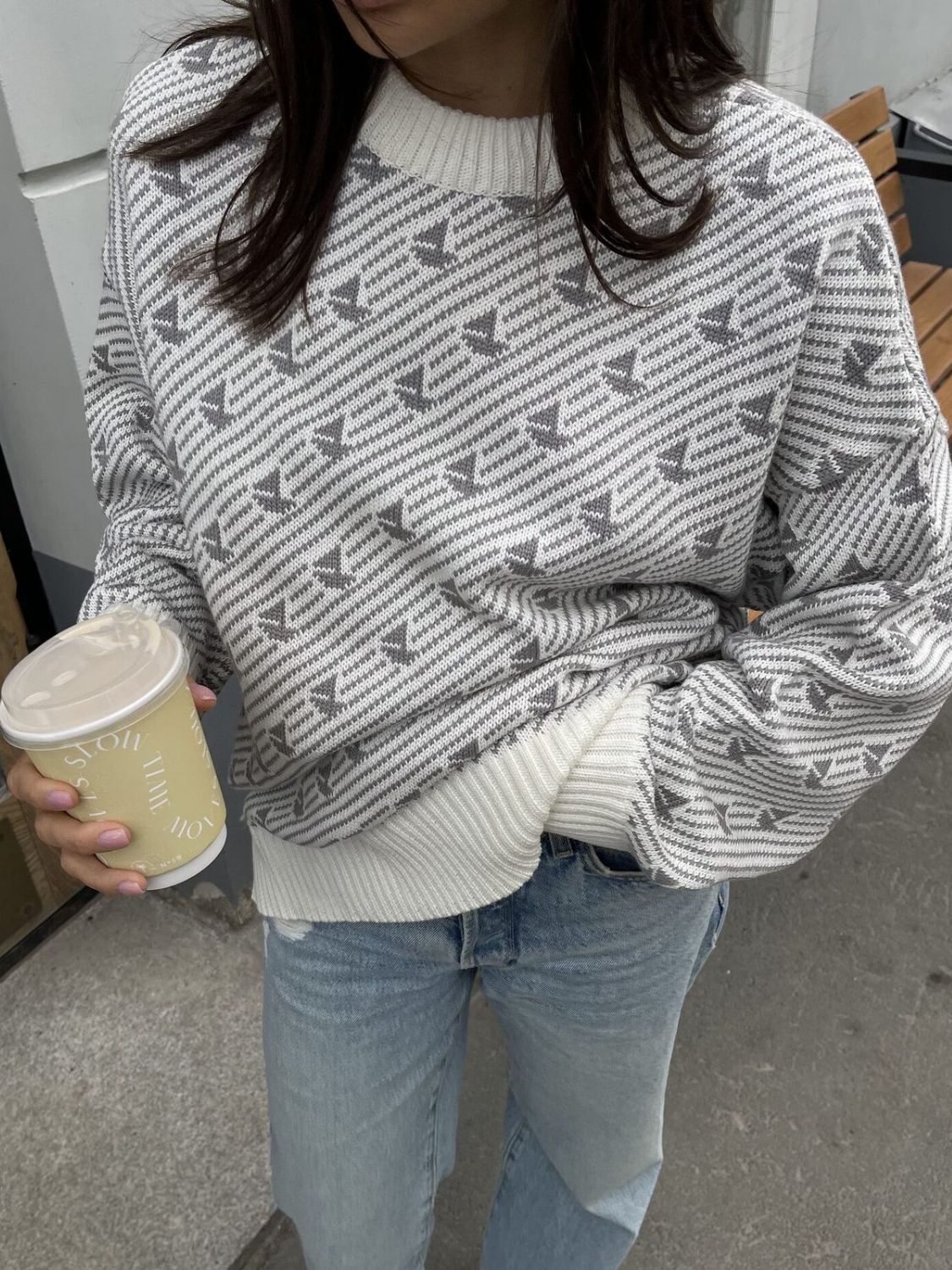 Light Gray Sailboat Jacquard Knit Sweater with crewneck and ribbed cuffs.