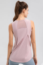 Dusty Pink mesh panel performance tank top with pleat detail on back.