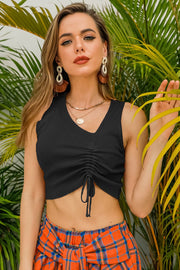 Black ribbed crop top with V-neck and adjustable drawstring detail.