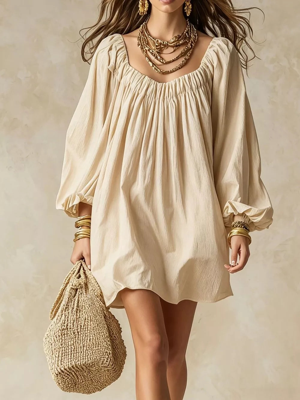 Flowy Balloon Sleeve Mini Dress in Army Green, product detail