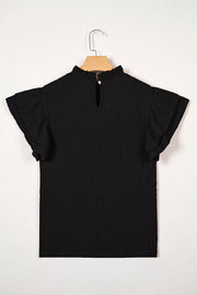 Black textured maternity shirt with ruffled mock neck and flutter sleeves