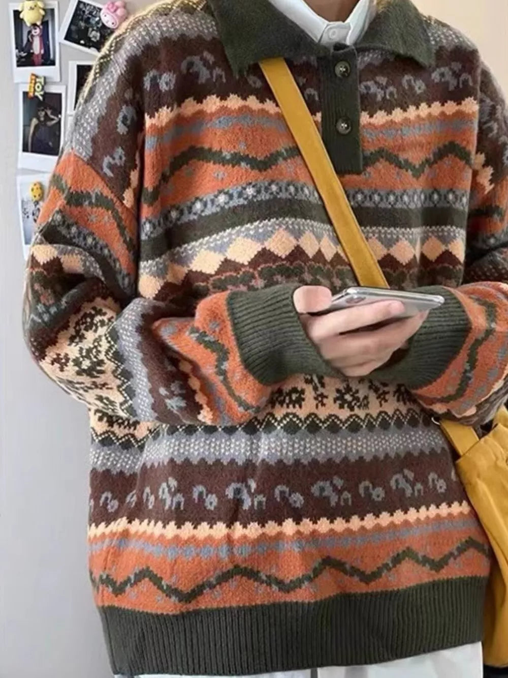 Men's heritage geometric knit sweater in brown and orange with a collared neckline.