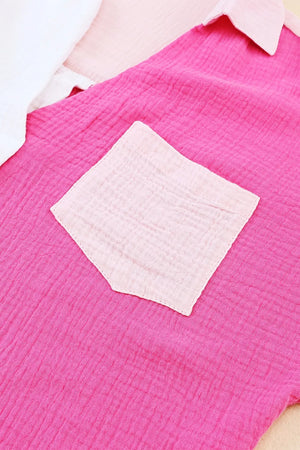 Chic color block cotton casual shirt with pink pocket detail