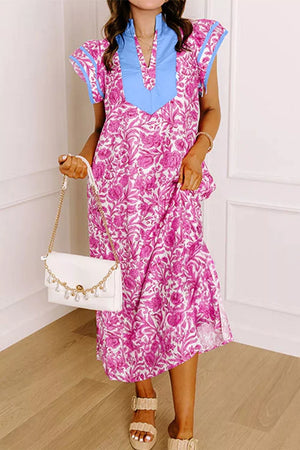 Vibrant floral midi dress with ruffle sleeves, V-neck, and blue collar.