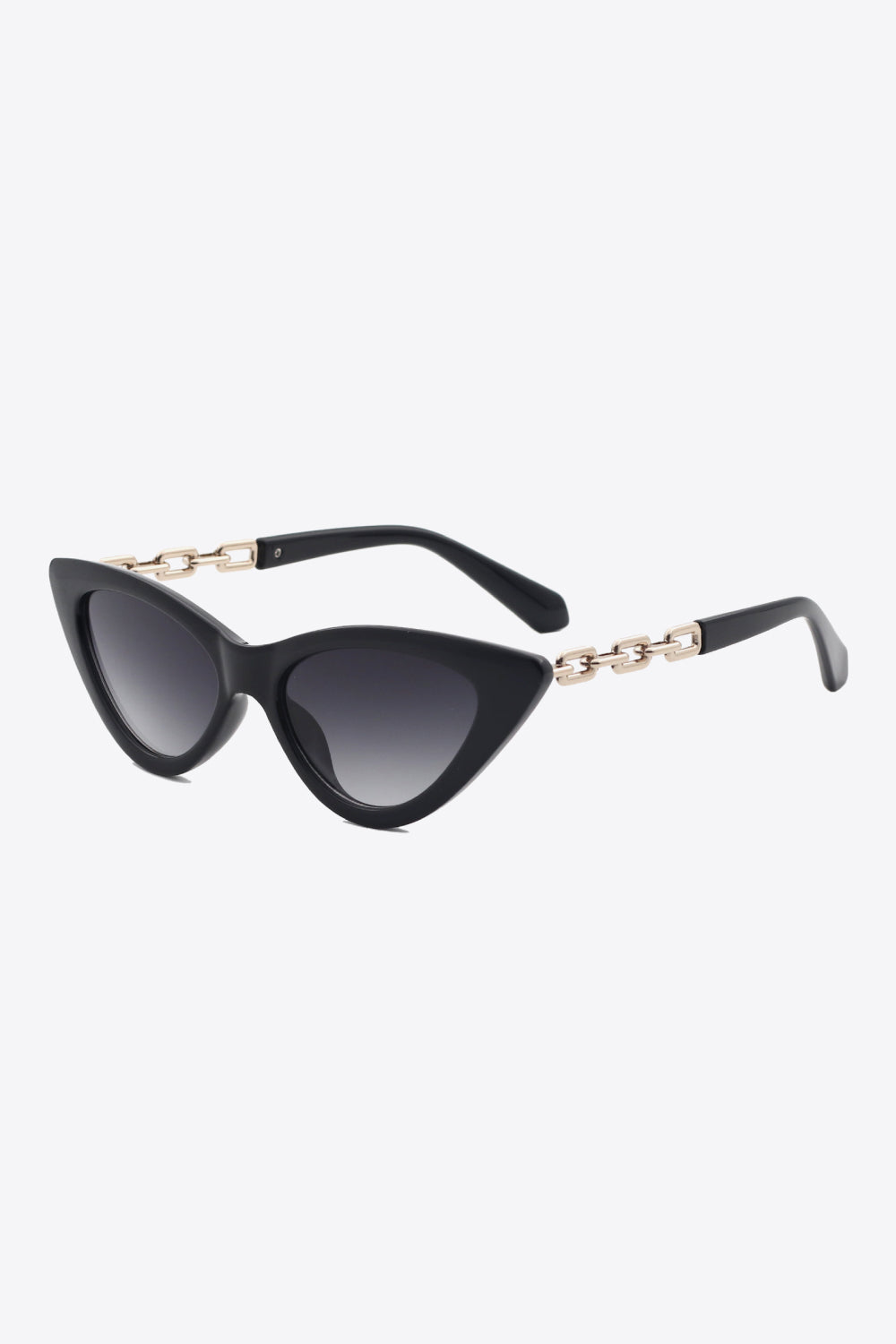 Black cat-eye sunglasses with gold chain link detail and gradient lenses