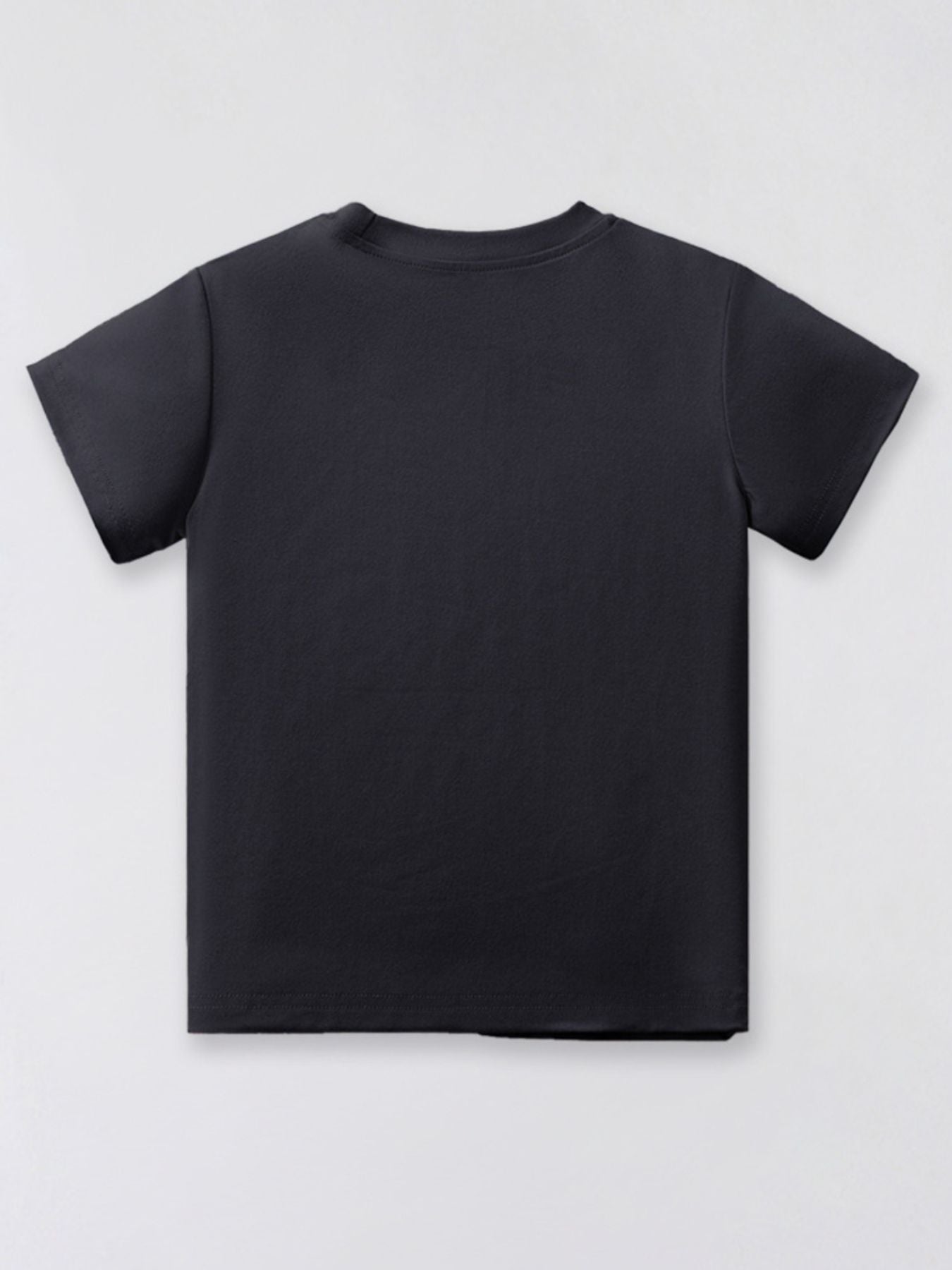 Black cotton crew neck t-shirt with short sleeves.