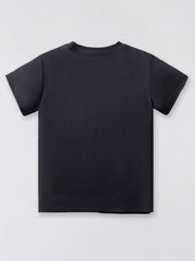 Black cotton crew neck t-shirt with short sleeves.