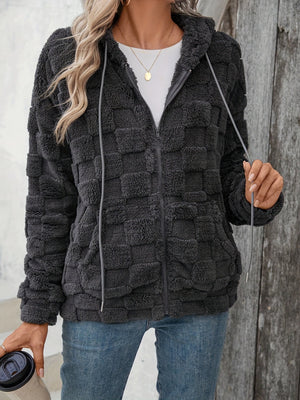 Dark gray textured grid fleece hoodie jacket with adjustable drawstrings and zip-front closure.