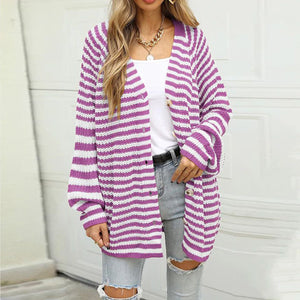 Heliotrope purple and white stripe button-up knit cardigan with gold buttons