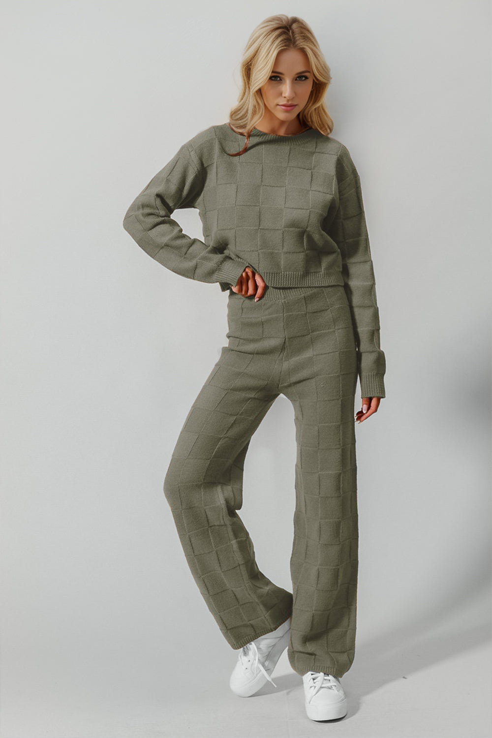 Textured knit square co-ord set in matcha green with crew neck sweater and wide leg pants.