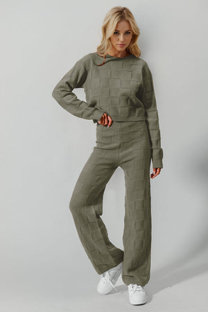 Textured knit square co-ord set in matcha green with crew neck sweater and wide leg pants.