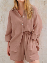 Gauze cotton resort shirt and shorts set in tan with button front and elastic waist shorts.