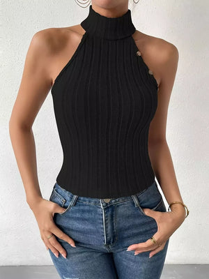 Black ribbed turtleneck tank top with decorative buttons and halter neckline