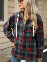 Plaid henley hooded shirt in dark navy, red, and green with white drawstrings and a buttoned placket.