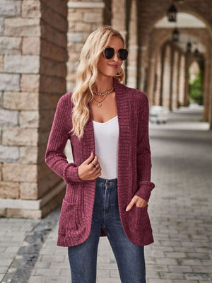 Burgundy textured ribbed open-front cardigan with pockets