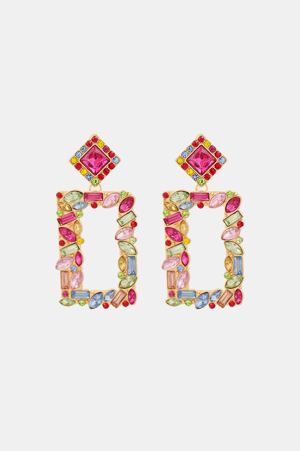 Geometric Jewel Box Earrings with multicolor gemstones and gold alloy frame.