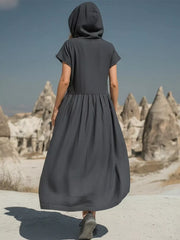 Grey hooded midi dress with short sleeves and gathered waist, shown from the back.