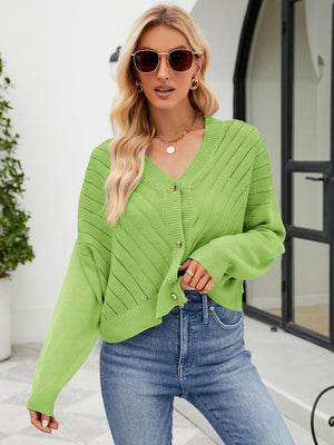 Cropped lime green V-neck knit cardigan with button front and open knit details