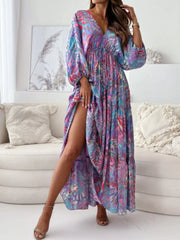 Printed V-neck Balloon Sleeve Maxi Dress in Black, fit detail