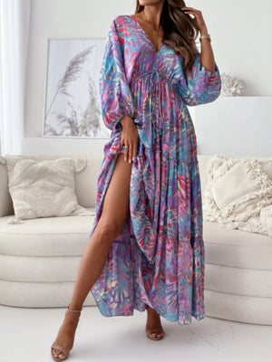 Printed V-neck Balloon Sleeve Maxi Dress in Black, fit detail