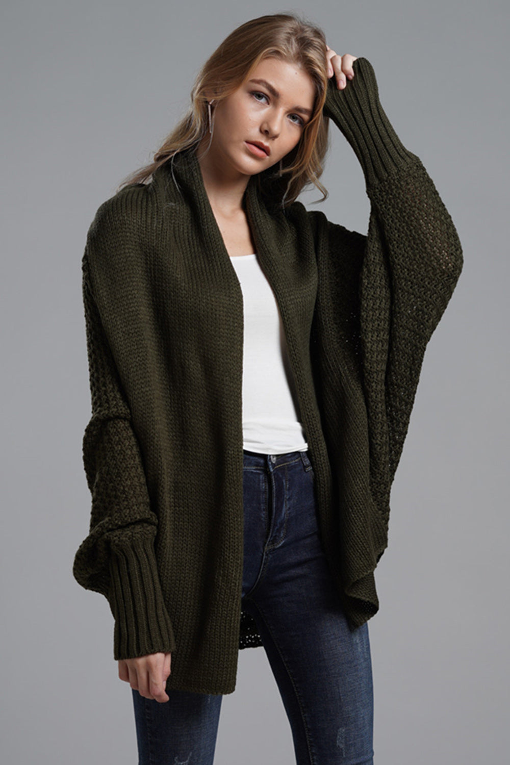 Dark Green Cocoon Knit Sleeve Cardigan with textured sleeves and ribbed cuffs.