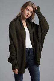 Dark Green Cocoon Knit Sleeve Cardigan with textured sleeves and ribbed cuffs.