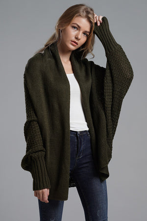 Dark Green Cocoon Knit Sleeve Cardigan with textured sleeves and ribbed cuffs.