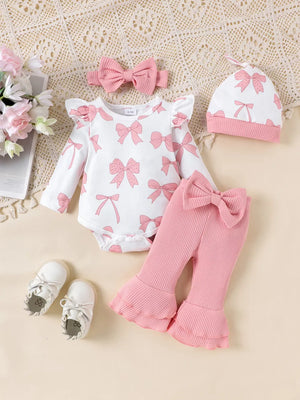 Children's Bow Print Bodysuit And Pants Set in Pink, front view