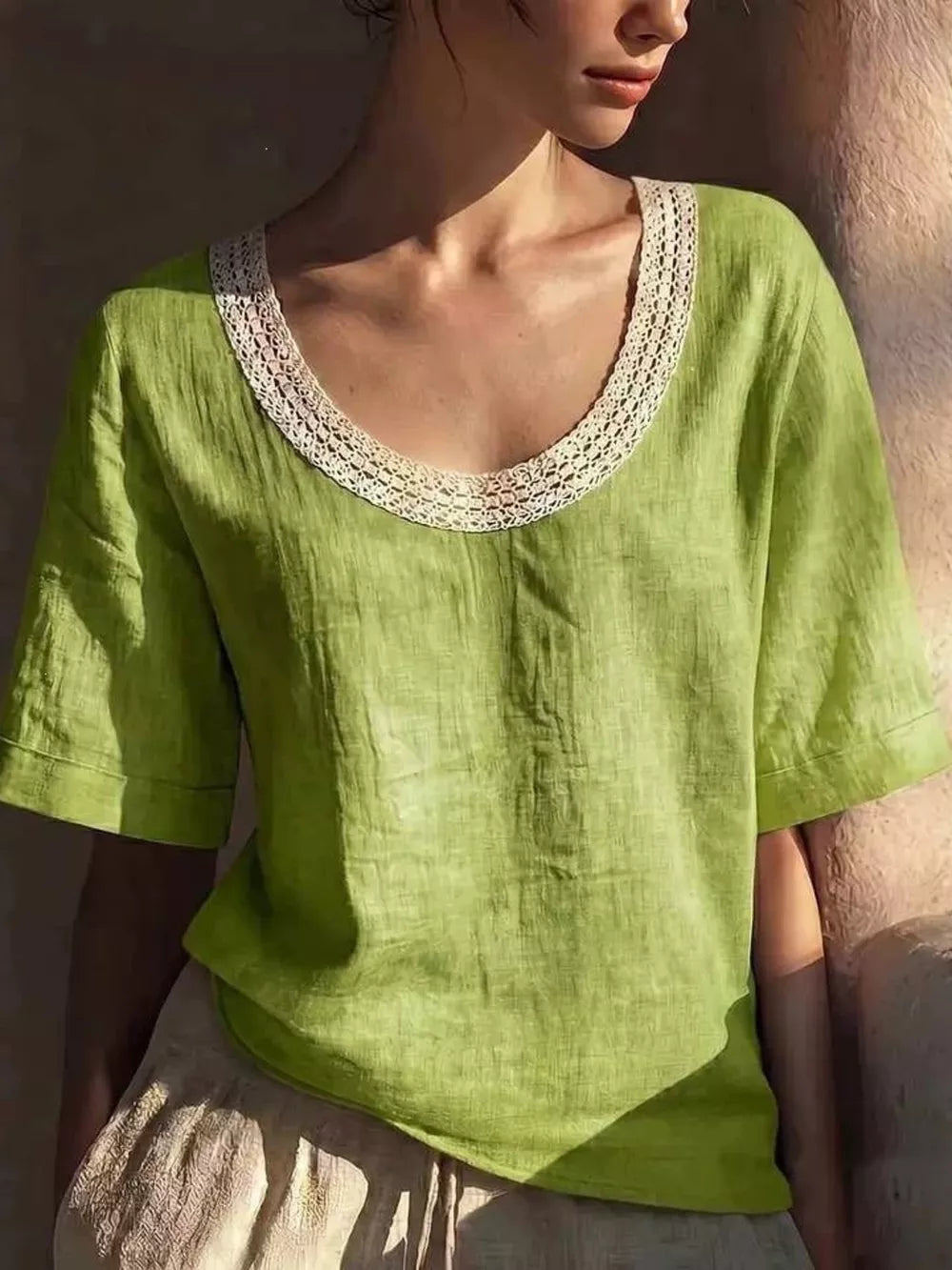 Lace-trimmed Short Sleeve Relaxed Blouse