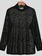 Black sheer zebra-striped mock neck long sleeve top