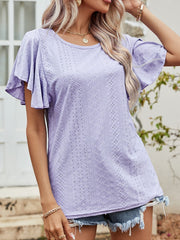 Lavender eyelet blouse with flutter sleeves and a diamond pattern.
