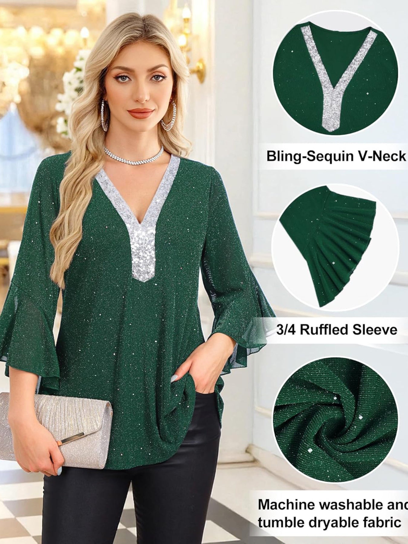 Green sequin blouse with V-neck and 3/4 ruffled sleeves, perfect for celebrations.