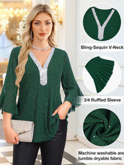 Green sequin blouse with V-neck and 3/4 ruffled sleeves, perfect for celebrations.
