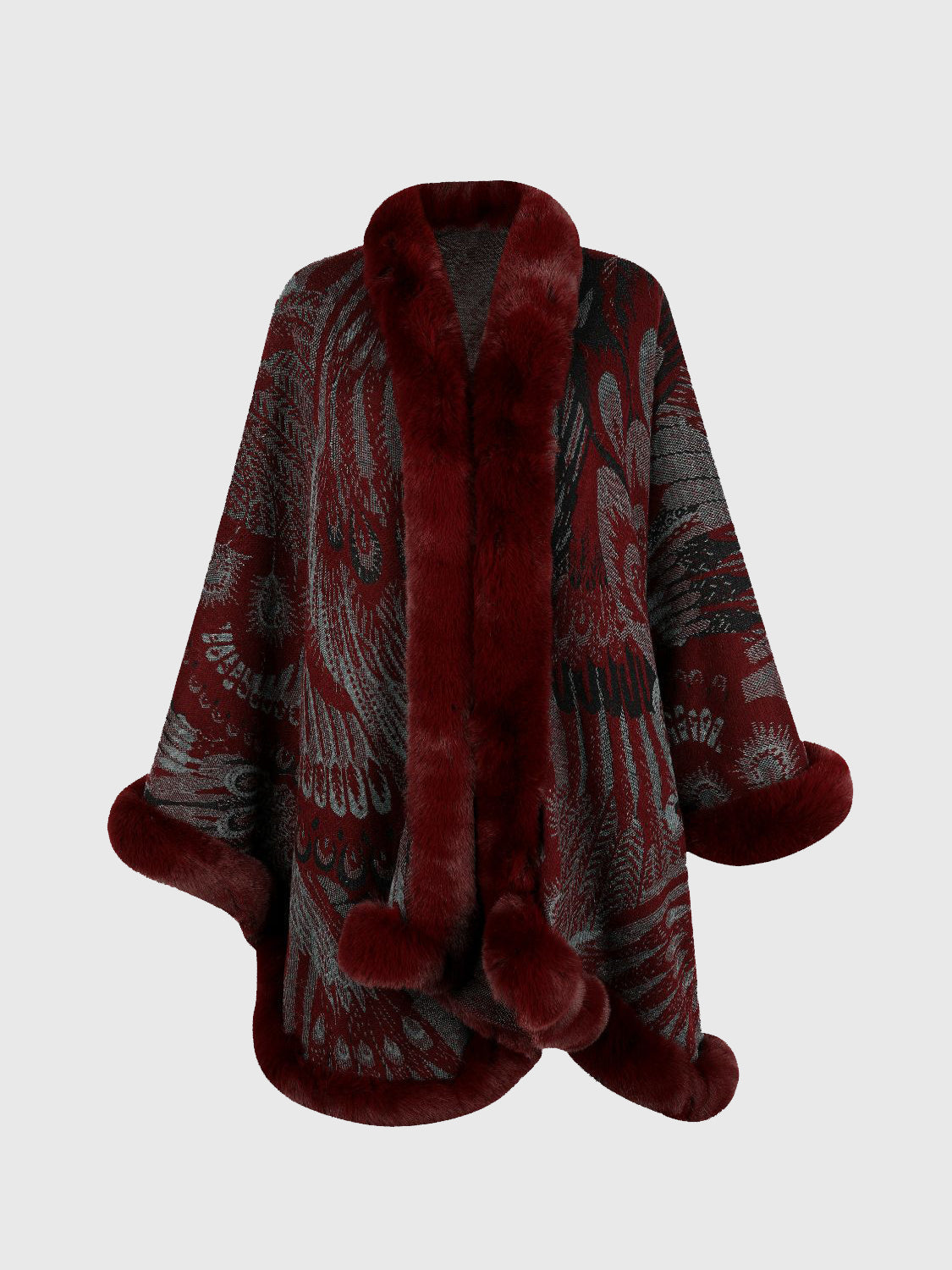Wine feather print acrylic cape with faux fur trim and pom poms.