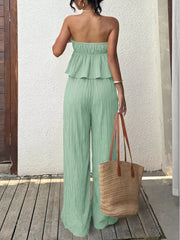 Gum Leaf tube top with ruffled hem and wide-leg pants set.