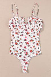 White floral bustier camisole with ruffle trim and adjustable straps