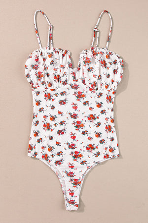 White floral bustier camisole with ruffle trim and adjustable straps