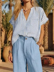 Full Size Striped Button Up Shirt And Pants Set Plus Size, fabric detail