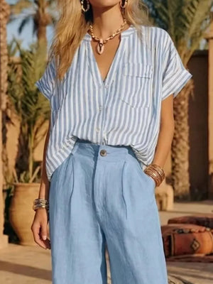 Full Size Striped Button Up Shirt And Pants Set Plus Size, fabric detail