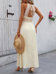 Apricot lace trim V-neck maxi dress with crinkled skirt and tie-back detail.