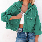 Teal denim utility hoodie with drawstring hood, buttoned pockets, and cuffed sleeves.