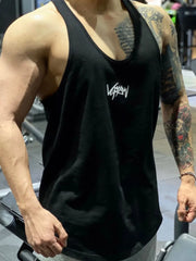 Black performance racerback tank top with white graphic detail and a deep scoop neckline.