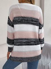 Open-front knit cardigan with horizontal stripes in blush pink, white, black, and grey acrylic.